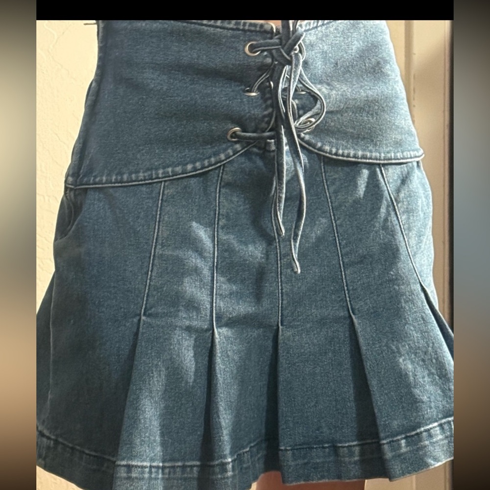 BDG Denim Corset Pleated Mini Skirt | High Waist Lace-Up Y2K Style